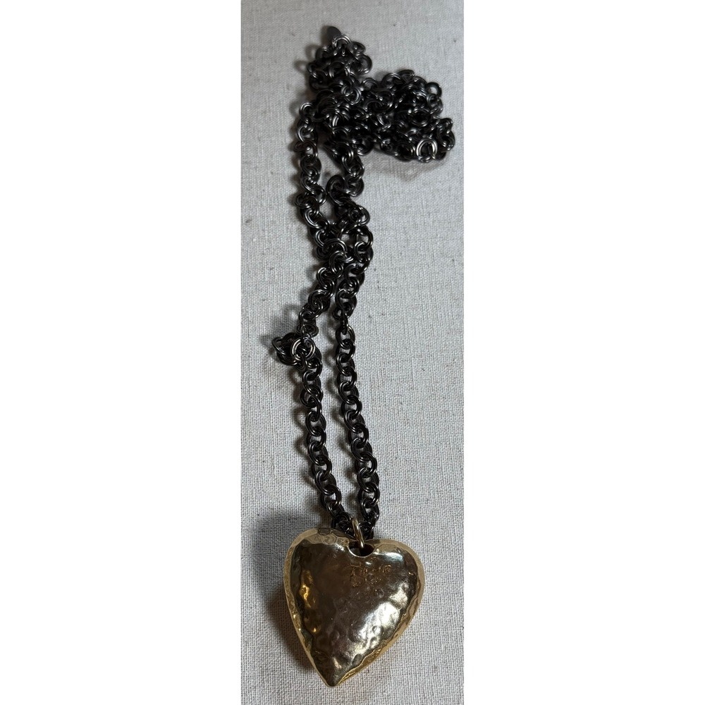 Express signed Chunky Gunmetal Chain Hammered Gold Heart Statement Necklace 36" - Picture 10 of 12